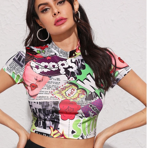 SHEIN Mock-neck Pop Art Print Crop Top - Picture 1 of 4
